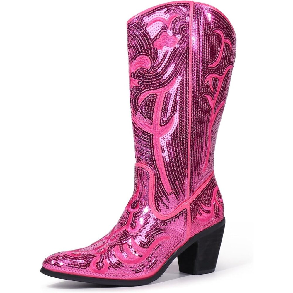 ⚡Women's Fuchsia Sequin Mid Calf Western Cowboy Boots Wide Calf High Fashion
